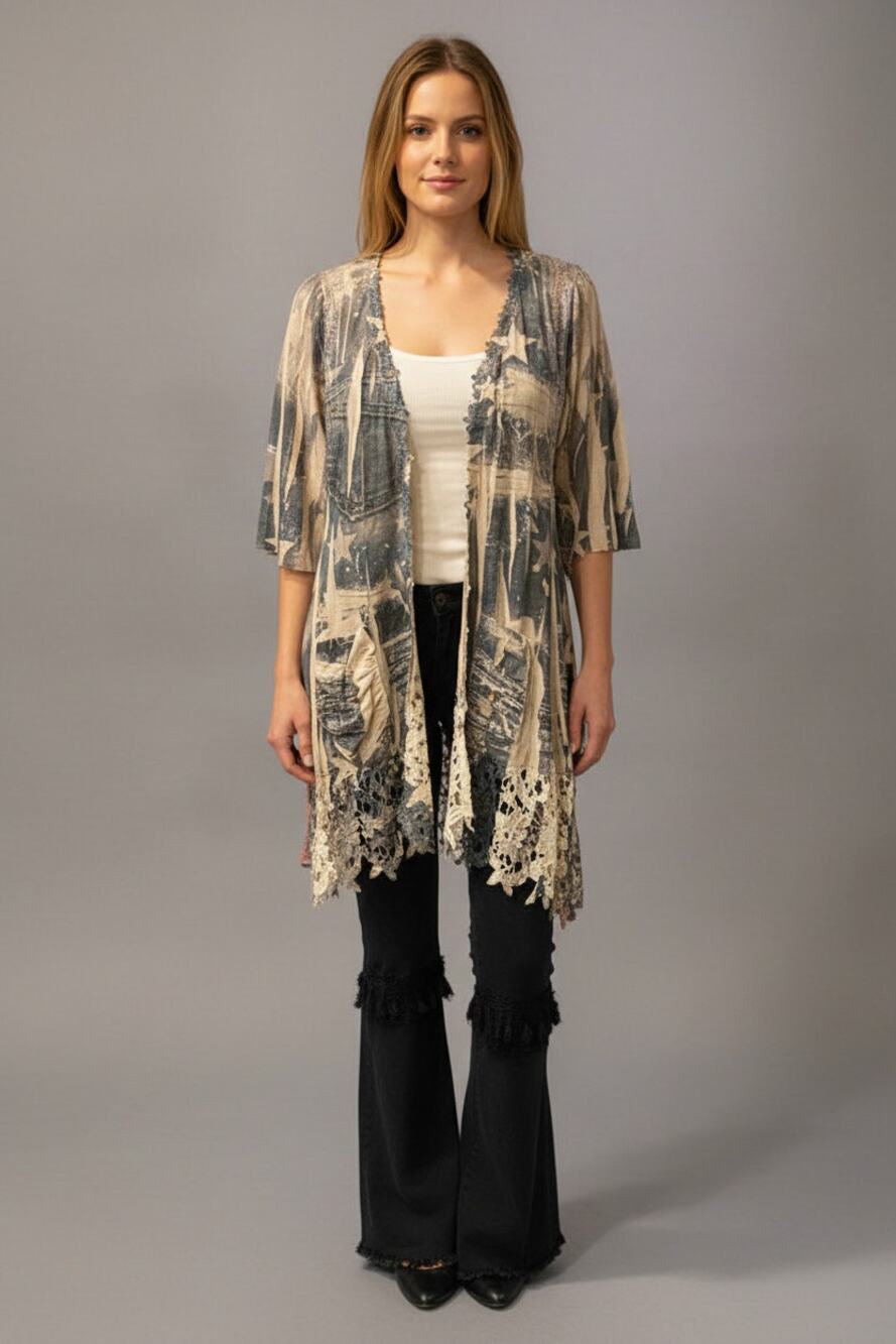 Origami Blue Denim Stars Sublimation Cardigan with Pockets Small/Medium